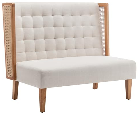 Andeworld Loveseat Settee Bench with Rattan Arms, Upholstered Modern Mini High-Back Sofa Couch,Banquette Dining Bench for Living Dining Room Bedroom Office Small Space Entryway,Beige