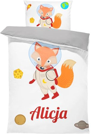Pictogogo Personalisierte Baby Bettwäsche mit Weltraumfuchs, Wählbare Unterfarbe aus Baumwolle, Kinderbettwäsche Mit Namen, Babybett Komplett Set Mit Reißverschluss (Weltraumfuchs, 135 x 200 cm)