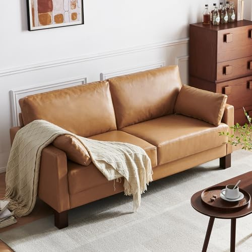 Atopston 66'' Faux Leather Couch, Small Sofa with Thick Cushion and Wooden Legs, for Compact Apartment loft and Office, Tan