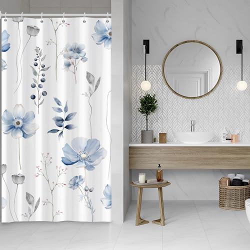 ASDCXZ Blumen Duschvorhang 90x180 cm, Frühling Aquarell Blau Grau Blumen Blätter Pflanzen Weiß Bad Waschbar Schmal Duschvorhänge Polyester Textil Wasserdicht Duschvorhang für Badewanne mit 6 Haken