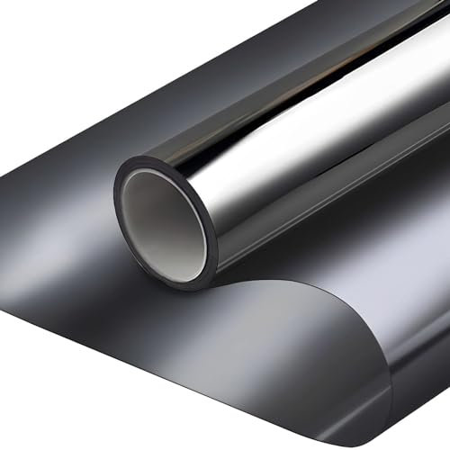 Qobobo Pellicola Specchio per Vetri Finestre Pellicola Oscurante Specchio Adesiva Privacy 44.5 x 200 cm Pellicole per Vetri Isolamento Termico Pellicola Satinata Anti UV Argento Nero