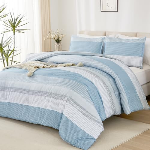 Litanika Hellblaues Bettwäsche-Set für Doppelbetten in XL-Größe, 2-teiliges Bettwäsche-Set, Einzelbett, blau-weiß gestreiftes Bettwäsche-Set (168 x 228 cm Bettdecke und 1 Kissenbezug)