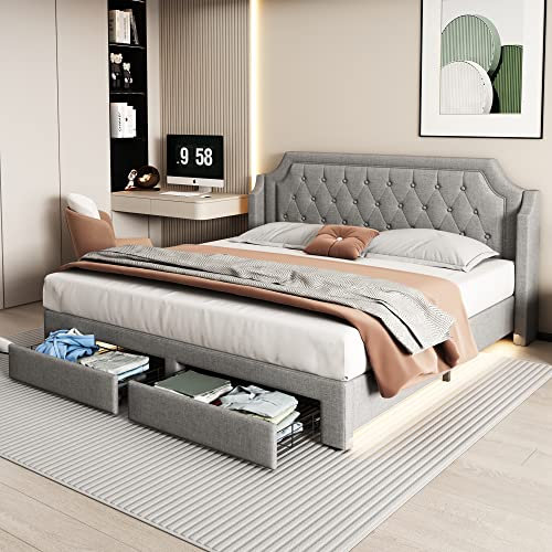 Rtopsu Polsterbett Doppelbett 180x200 cm mit LED-Beleuchtung, Bett mit 2 Stauraum Schubladen und Kopfteil, Stauraumbett Bettgestell mit Lattenrost aus Holz, Jugendbett, Leinen, Grau, Ohne Matratze
