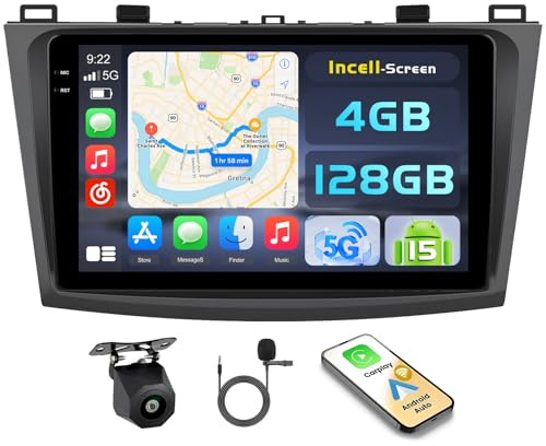 Ohradio 4+128G Android 15 Autoradio per Mazda 3 2009-2013 con Wireless Carplay Android Auto, 9 Pollic Incell Schermo Tattile Supporto BT/GPS/WiFi/FM/RDS+Retrocamera+MIC