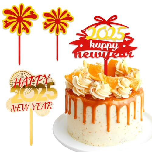 DazzJoy 4 Stk Silvester Deko 2025 Tortendeko Happy New Year - Acryl Neujahr Dekoration für Torte und Kuchen