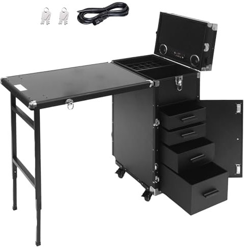 Rolling Manicure Table, Foldable Nail Table Mobile Station with Speaker & Mirror, 360° Universal Wheel, Portable Rolling Makeup Train Case, Travel Cosmetic Trolley Storage Organizer