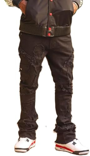SANSIWU Jeans for Men Stretch Fit Skinny Stacked Ripped Destroyed Jeans Fit Y2K Stacked Patch Jeans Hip Hop Streetwear Straight Trousers
