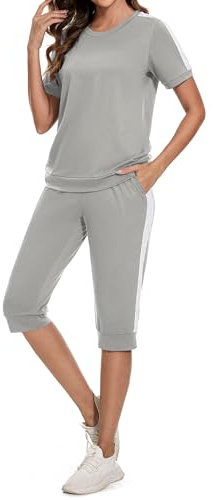 Aottori Jogginganzug Damen Set Rundhals Kurze Ärmel Trainingsanzug Zweiteiler Elegant Hausanzug Freizeitanzug Sportanzug 2 Teiler Sommer Outfits Grau XXL