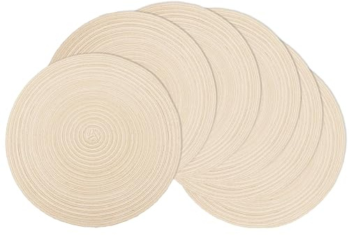 D-buy Braided Round Placemats Set of 6, Washable Non-Slip Table Mats for Kitchen Dining, Heat Resistant, Natural Fabric Indoor Outdoor Place Mats(Beige, 15Inch)