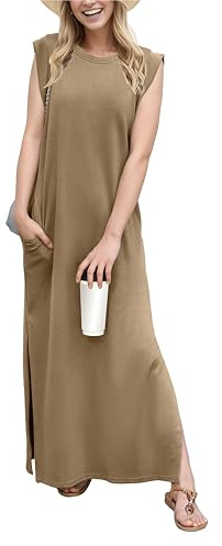 GRECERELLE Robe maxi d'été pour femmes, robes chemises décontractées, styles élégants, robes maxi basiques sans manches pour femmes UK avec fente et poches, marron, S