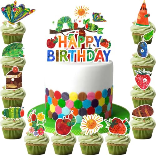 25 Stück Raupe Nimmersatt Tortendeko, Caterpillar Party Deko Set-1 Stück Kuchendekoration Hungrige Raupe + 24 Stück Cupcake Toppers Hungrige Caterpillar, Hungrige Raupen Party Dekoration