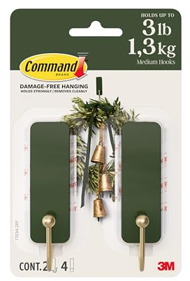 Command Medium Hooks, 2 Green Hooks and 4 Adhesive Strips | Value Pack, Adhesive Wall Hooks, Damage-Free Hanging for Bags, Accessories and Home Décor, Holds 900 g, Removes Cleanly