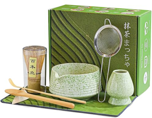 BEWOS 8 Piezas Set Batidor Matcha - Taza Cerámica 18OZ con pico, Tamizador, Portabatidor, Batidor Bambú | Cuchara, Kit Ceremonia Té Japonés para Amantes (Verde Motleado)