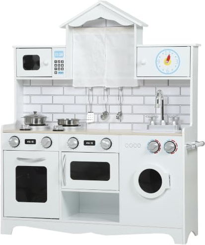 AIYAPLAY Cucina Giocattolo per Bambini da 3-6 Anni Legno Forno Bianco | Set di Accessori in Acciaio, Armadietti, Lavandino, Manopole con Suoni