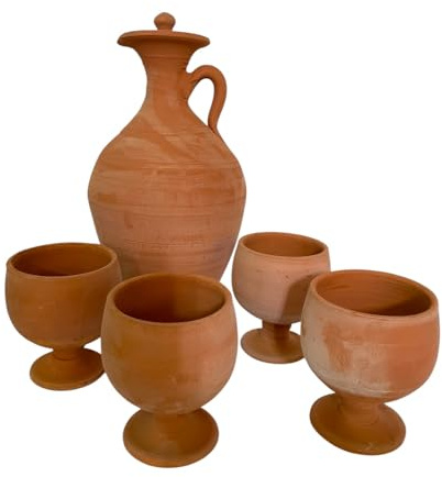 Marokkanisches Berber-Set aus Terrakotta, Krug 2,5 l mit 4 Gläsern, handgefertigt, Karaffe 31 cm mit Gläsern 11 cm