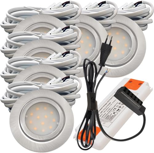 6er Set LED Einbauspot Leni 12V 2,2W Neutralweiß 4000K Edelstahl geb. | IP44 Ø72mm flach | 240lm je Leuchte | Mit Trafo, AMP-Verteiler & 230V Zuleitung inkl. Schnurschalter | Für Küche & Möbel