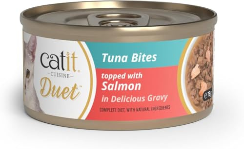 Catit Cuisine Duet, Tuna Bites topped with Salmon in Delicious Gravy, Grain Free Wet Cat Food for Adult Cats, High Meat Tinned Cat Food in Gravy 1 x 75g (Pack of 6)