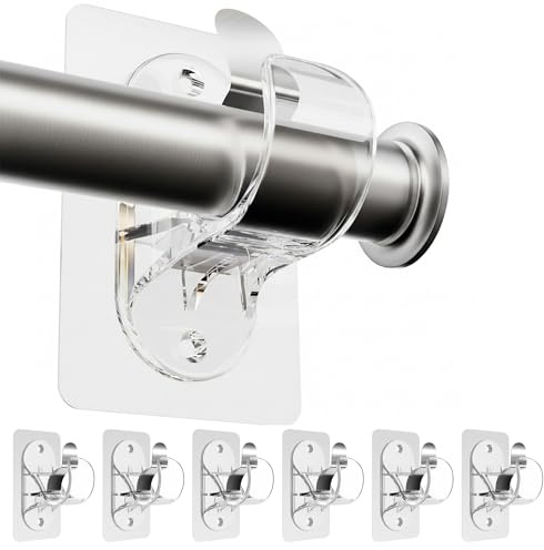 BYSHEGET 6 soportes para barra de cortina sin taladrar, ganchos adhesivos | Soportes autoadhesivos con tornillos para montaje en pared, para baño, cocina, salón, dormitorio y ventanas (Transparente)