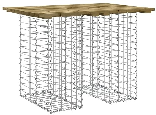 ZQQLVOO Impregnated Wood Pine Garden Table with Gabion Design Base, 100x70x72 cm, Galvanised Steel Gabion Basket for Outdoor Patio