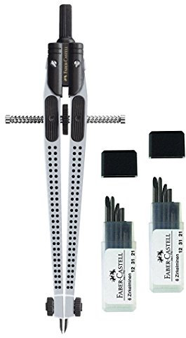 Faber-Castell 174472 - Set Schnellverstellzirkel Zirkel GRIP 2001, silber, mit 2 Päckchen Faber Castell Zirkelminen - 2x 6er Dose Minen