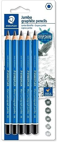 STAEDTLER Jumbo-Bleistifte Mars Lumograph jumbo, Sechskantform, hohe Bruchfestigkeit, 5 Härtegrade, hohe Qualität Made in Germany, Blisterkarte mit 5 Bleistiften, 100J-S BK5