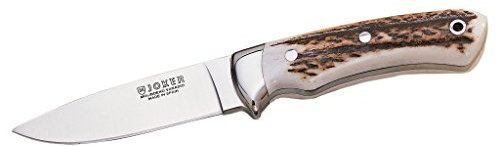 Joker Jagdmesser Pantera CC16, 9,5 cm MOVA-Klinge, Hirschhorngriff, Gürtelmesser mit brauner Lederscheide, Werkzeug zum Angeln, Jagen, Camping und Wandern