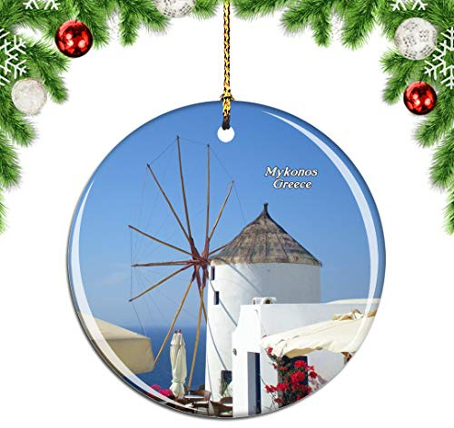 Windmühle Mykonos Griechenland Hellas Weihnachtsschmuck Stadt Reise Souvenir Kollektion Doppelseitiges Porzellan 7,1 cm Hängender Baumschmuck