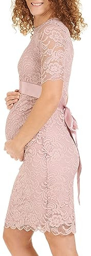 Herzmutter Robe de Grossesse mi-Longueu Dentelle Soirée Mariage pour Femme Enceinte élégant Maternité Festive - 6200 (M, Rose)