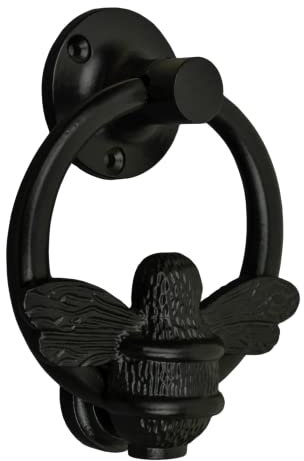 Black Bee Door Knocker for Front Door | Polished Solid Brass Bee Ring | Black Knockers with Strike Plate | UPVC | Bumblebee Front Door Furniture with a Unique Design