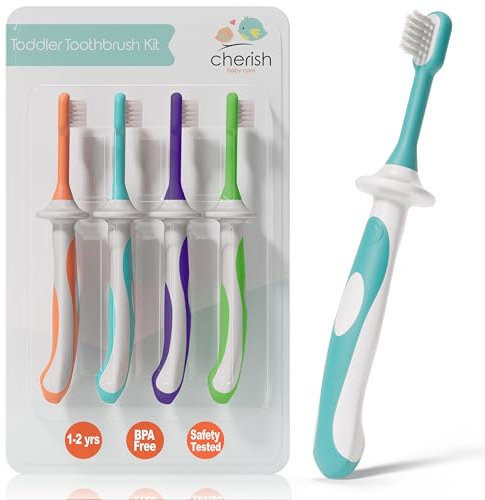 Cherish Baby Care Juego de Cepillo de Dientes para Niños (4 Unidades) - Cepillo Bebe Libre BPA y Testeado en Cuanto a Seguridad, Diseñado Por un Dentista Pediátrico, Cepillo de Dientes Bebe 1-2 Años