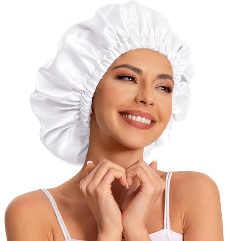 Cuffia per capelli in raso, per dormire, berretto morbido in raso, per capelli naturali e ricci, da donna, bianco