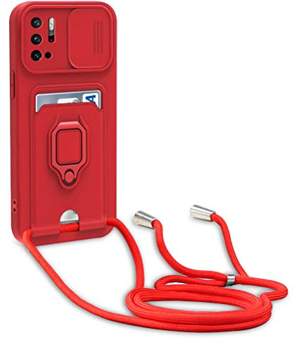 yanasuo Protección de Cámara Funda Compatible con Xiaomi Redmi Note 10 5G/Poco M3 Pro 5G, con Anillo Soporte, Ajustable Collar Correa de Cuello Cordón Carcasa de Silicona-Rojo
