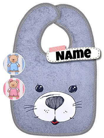Babylätzchen mit Name Klettverschluss | Baumwolle | bestickt mit Namen | Lätzchen Baby | Baby Latz | personalisiert | Spucktücher (Seehund grau)