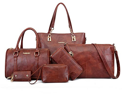 GONGKANGYUAN Damen Handtasche Set 6teilig, Schultertaschen Set Shopper UmhäNgetasche Geldbeutel Tote Taschen Henkeltaschen Clutches GeldböRsen SchlüSselhalter Shoulder Bag (Braun)