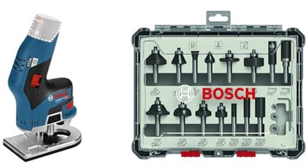 Bosch Professional Affleureuse sans Fil GKF, Bleu/Noir, Seul, Avec broche de fraisage 8 mm + 15 pièces Kit de Fraises Mixtes (pour Bois, Ø 8 mm Queue, Accessoires)