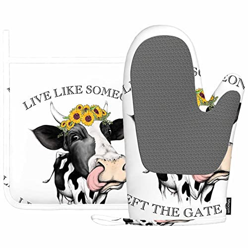Mxocom Live Like Someone Left The Gate Open Hitzebeständige Ofenhandschuhe und Topflappen Schwarz Weiß Optimismus Milch Kuh Sonnenblume Küche Rutschfest Kochen Mikrowelle Handschuhe zum Kochen Backen