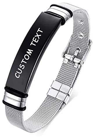 GORS Pulsera Personalizada con Foto y Nombre Grabado para Hombres, Pulsera con Nombre Personalizado,Pulseras Personalizadas con Foto (Placa Negra + Grabado)
