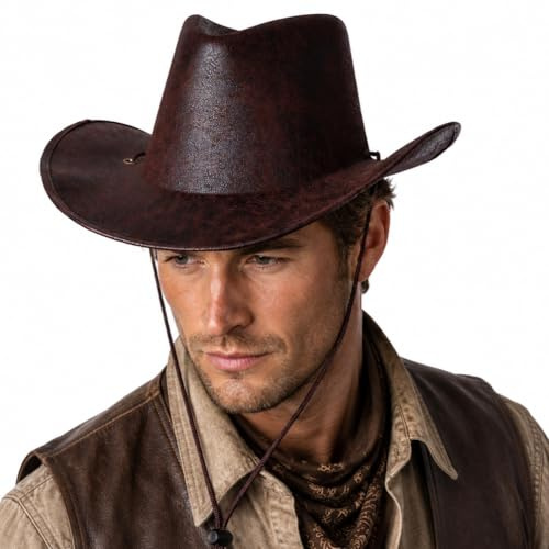 Wicked Costumes Adult Cowboy Hat Brown Aged Leather Look – Texan Western Fancy Dress Hat for Men & Women – Wild West Cowboy Costume Accessory