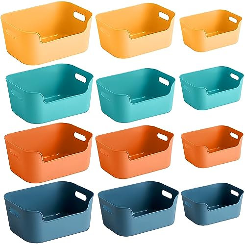 NCKIHRKK Aufbewahrungskorb Kunststoff, 12 Stück Aufbewahrungsbox Badezimmer mit Griffen, Aufbewahrungsbox Küche Ordnungsboxen Küchenschrank Organizer Box Körbe für Badezimmer Regal Kunststoffbox