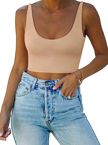 REORIA Damen Sexy Top mit tiefem U-Ausschnitt doppelt gefüttert nahtlos ärmellos kurzes Cami Tanktop Yoga Crop Tops Beige S