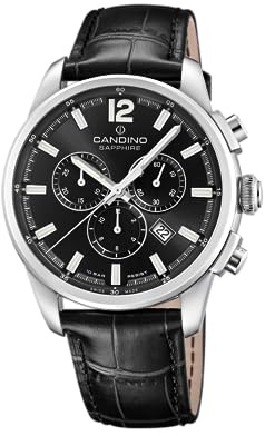 Candino Swiss Herrenuhr Analog aus Edelstahl und Leder Schwarz | Chronograph, Kalender, Widerstandsfähiges Saphirglas, Wasserdicht 10 ATM Elegant C4745/6 Gents Chrono Timeless