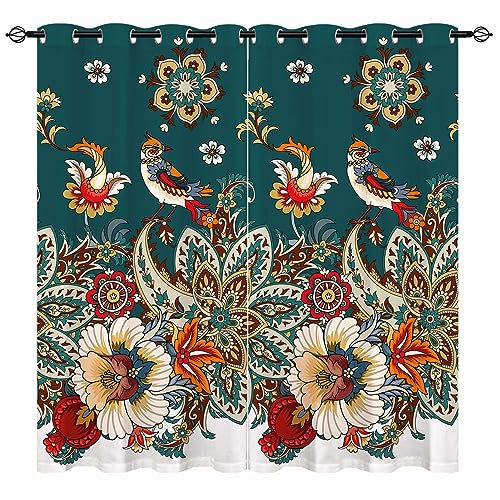 YUANZU Vögel Blumen Vorhänge Paisley Floral Vintage Wild Gras Ösen Gardinen mit Blickdichte Thermo Vorhang Kälteschutz Blackout Curtain Mädchenzimmer Verdunkelung Fenster, 2 Stück, H 160 x B 106 cm