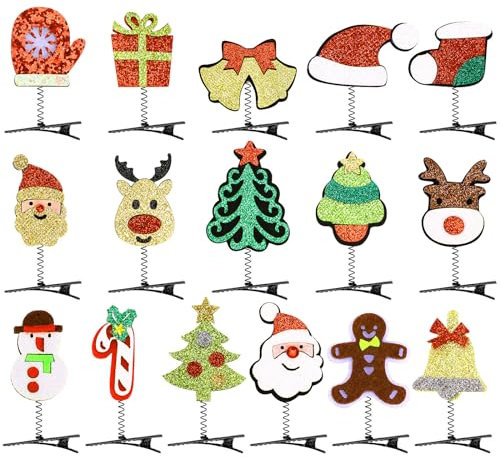Weihnachten Haarspangen Glitter, 16 Stück JUNEBRUSHS Weihnachts Haarschmuck Karikatur Haarclips Mädchen Kinder Haarklammern für Weihnachtsfeier Mädchen Haarclips Weihnachtsaccesoires