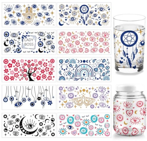 arricraft 10 Blatt UV DTF Cup Wrap, 10 Stile, Böser Blick, Glücks-Transfer-Aufkleber, PVC, Wasserfest, Rubbelaufkleber Für Heimwerker, Glas, Tassen, Laptop, Möbel, Holzdekor, 110x240 mm