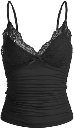 Naileksi Damen Y2K Bustier mit Spitzenbesatz, Spaghettiträger, Fee, Grunge-Tanktop, V-Ausschnitt, gerüschte Schleife, Patchwork-Bustierhemd