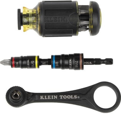 KLEIN TOOLS 85515HD 3-Piece Tool Set, Mini-Ratchet, 12-in-1 Impact Stubby Multi-Bit Driver and 5-in-1 Flip Socket, Tools for Tight Spaces
