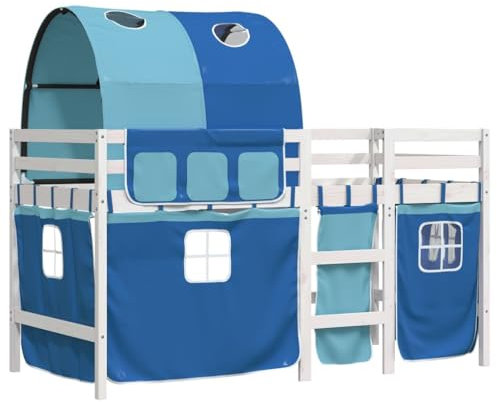 vidaXL Kinder Hochbett, Kinderbett mit Tunnel, Spielbett Bett für Kinder ab 6 Jahren, Etagenbett Bettgestell, Blau 90x200cm Massivholz Kiefer