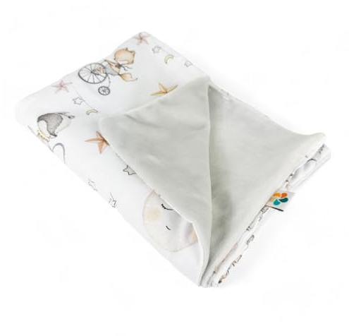 PLUMERI Babydecke Minky 50x75 cm, Zirkus, für Autositz & Kinderwagen | Zwei Stofflagen ohne zusätzliche Füllung, Baumwollseite mit Motiv, Minky-Seite aus Polyester, Kompakt für unterwegs