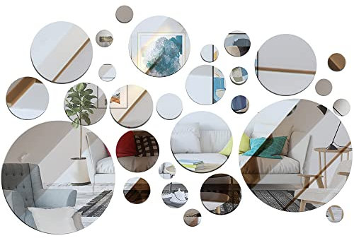 DIBALIYI Acrylic Mirror Wall Stickers, 32 PCS Removable Wall Decal Mirror Set, Bathroom Sticker Art, Round Ceiling Mirrors for Bedroom, Home, Living Room, Sofa TV Background Decor (Silver Small)