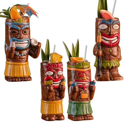 Vinbcorw Lot de 4 Tasses à Cocktail Tiki – Tasse givrée Exotique avec 4 pailles, Tiki Party Creative Cocktail Glass Drinks Bar Drinkware Premium Tropical Exotic Cute Barware,A10